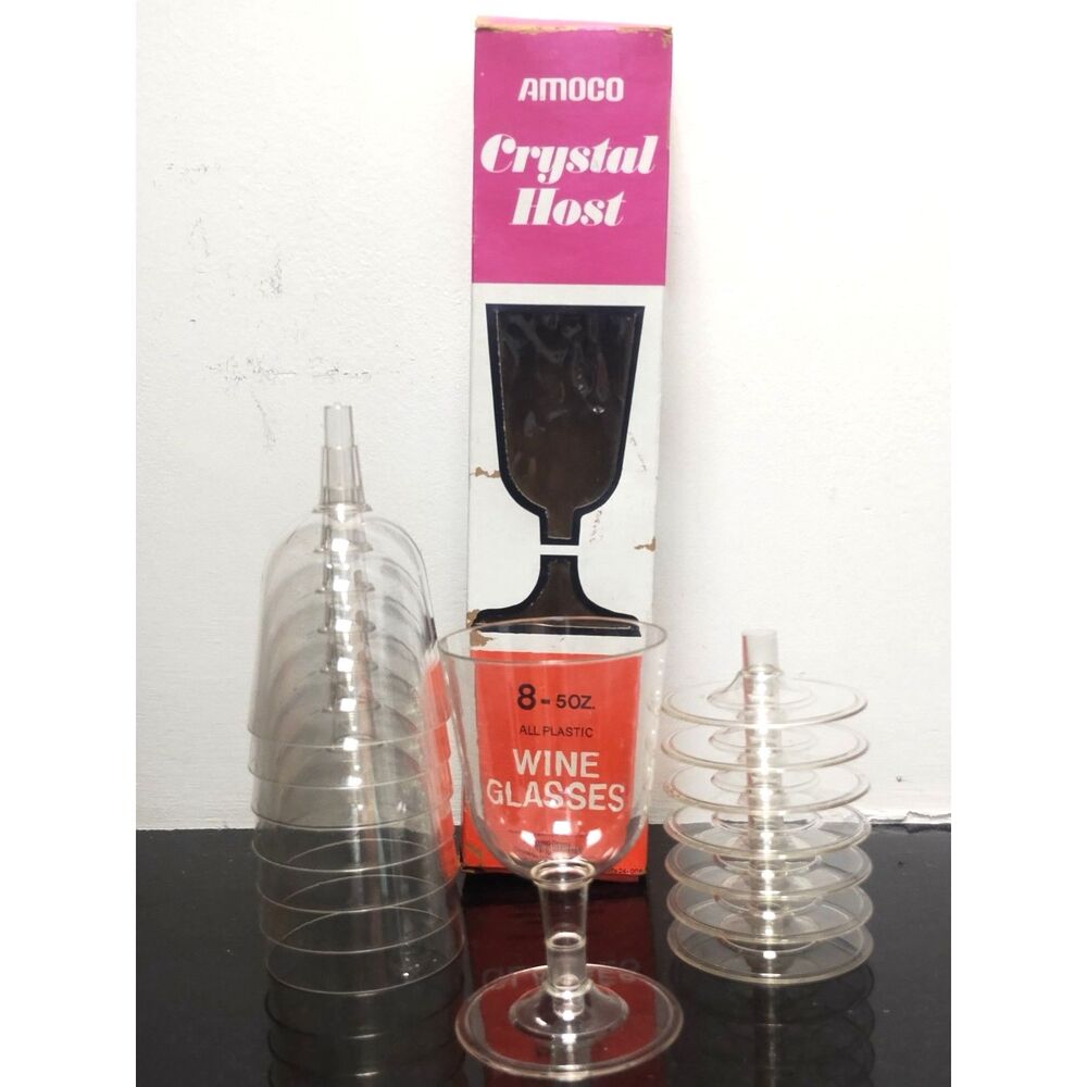 NOS 8 ct. Box of Amoco Crystal Host 2-Piece Plastic Wine Glasses 1960s 1970s